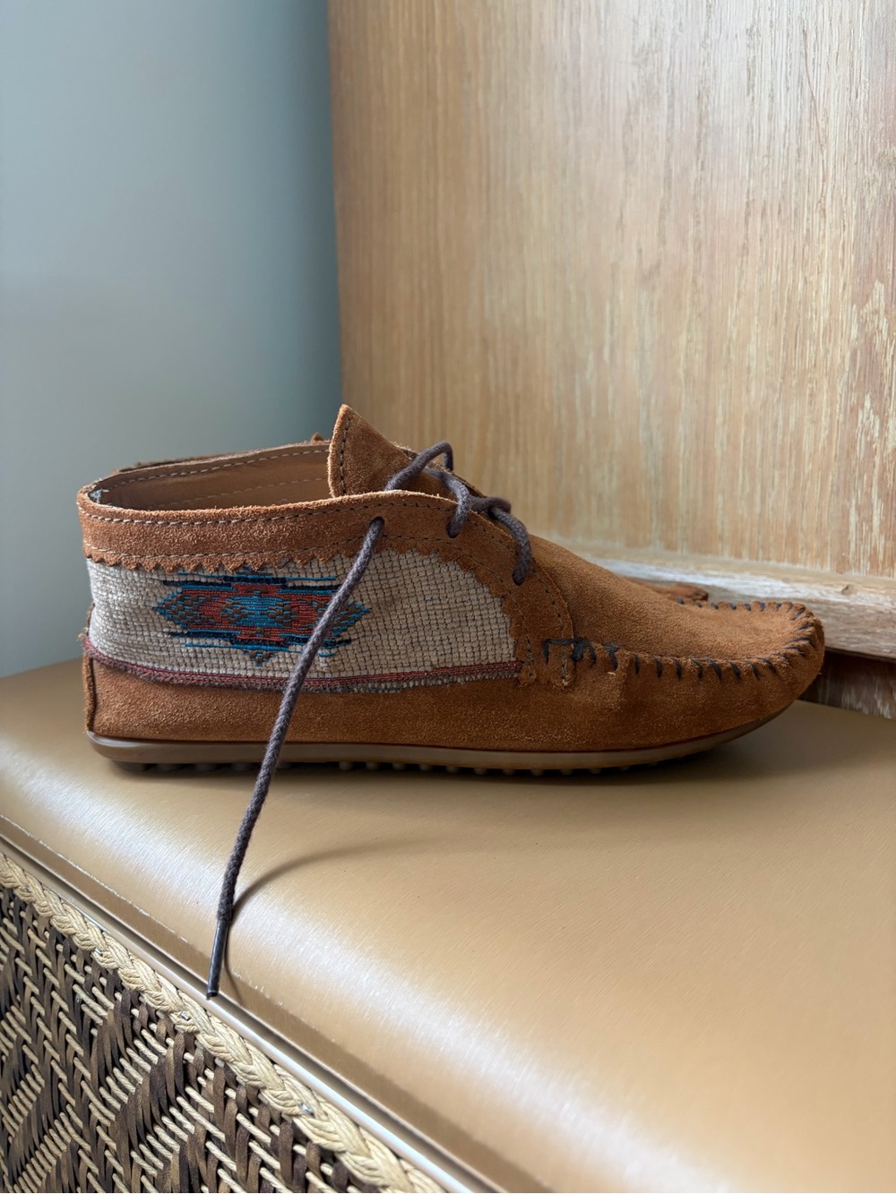 Minnetonka Brown Suede Chukka with Southwestern Woven Panel